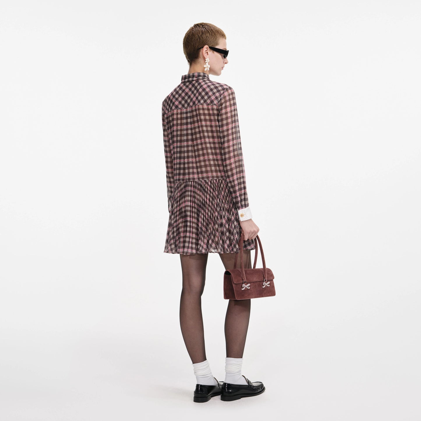 Brown Check Chiffon Mini Dress