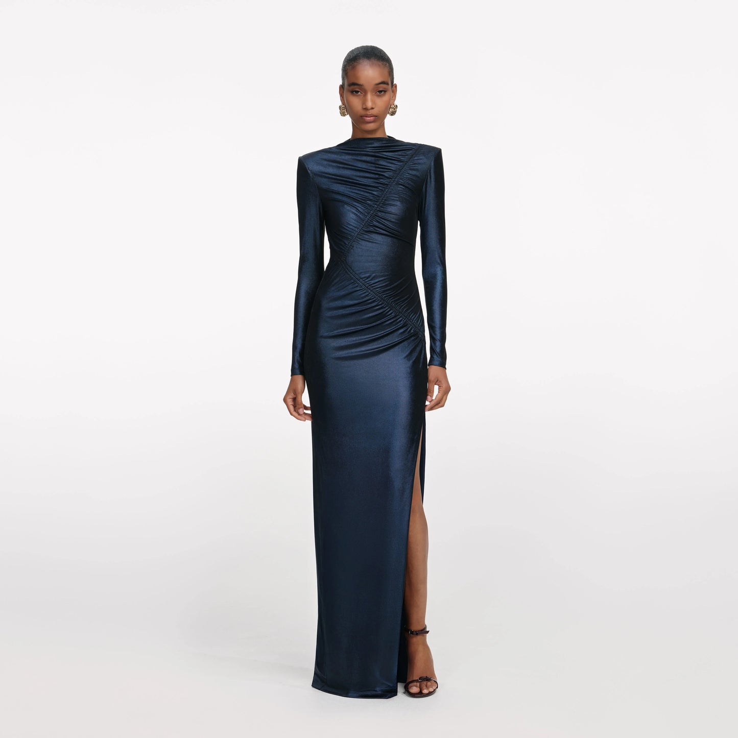 Navy Metallic Gathered Maxi Dress