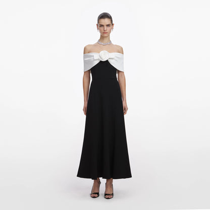 Black Crepe Flower Midi Dress