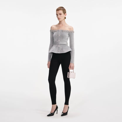 Grey Chenille Knit Crystal Trim Top