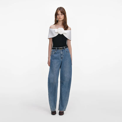 Black Crepe Flower Top