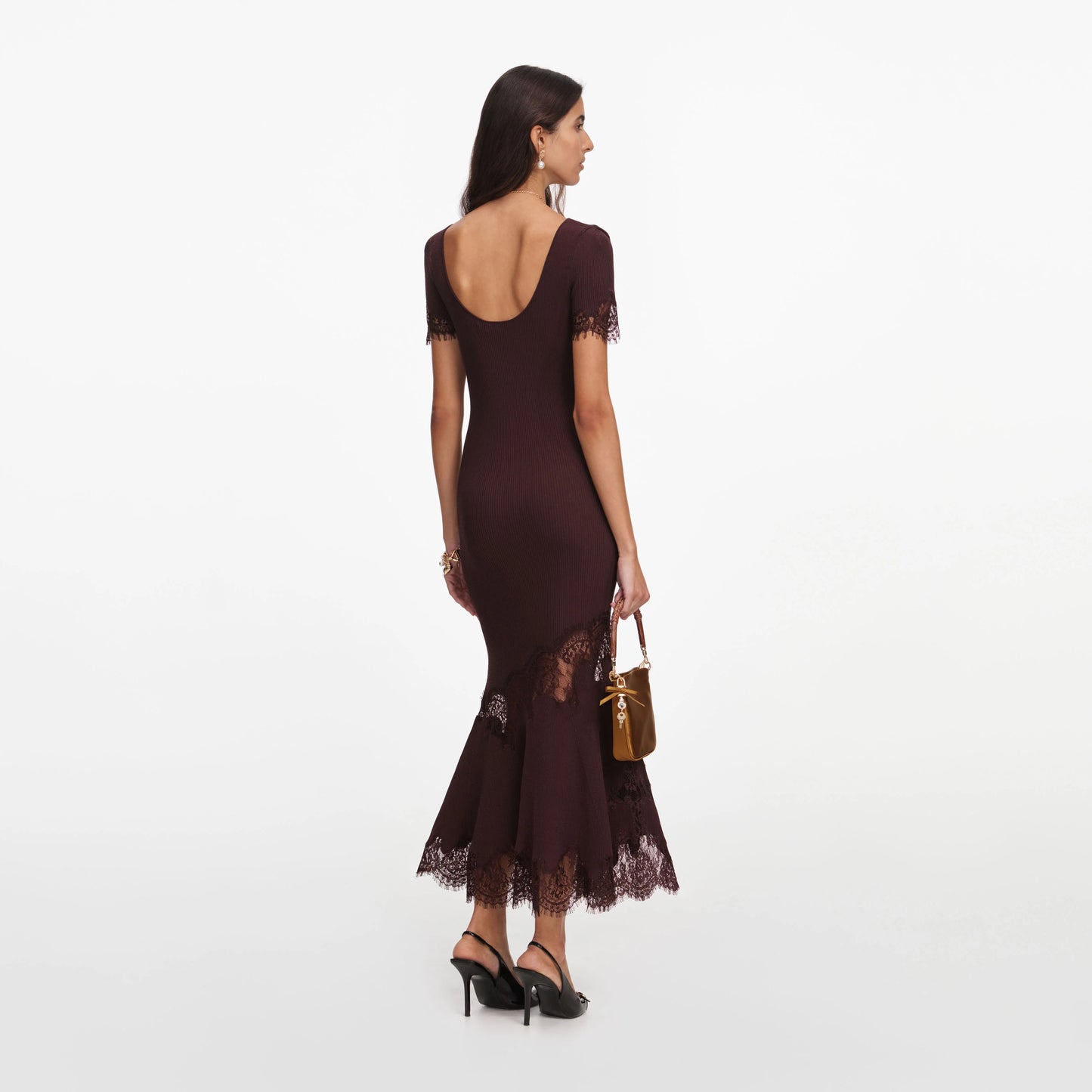 Brown Ribbed Knit Midi Dress