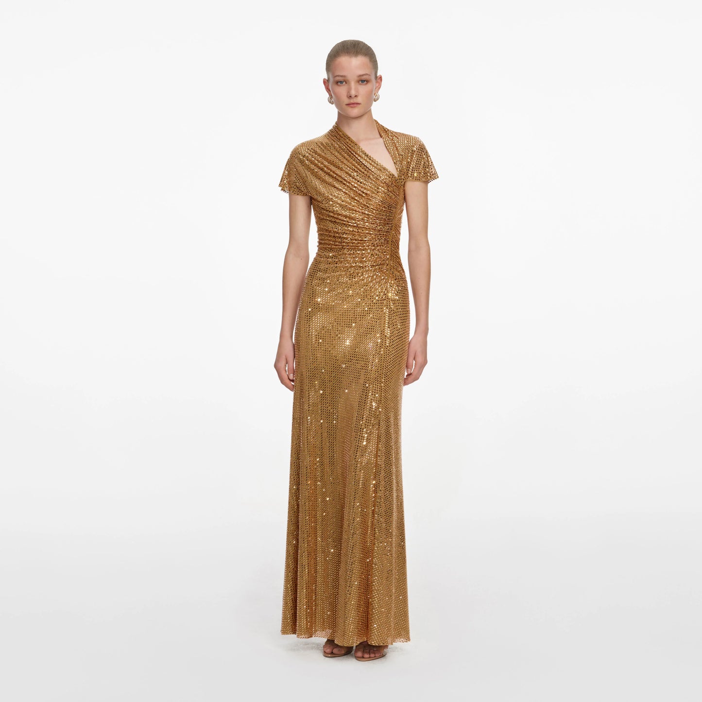 Gold Rhinestone Drape Maxi Dress
