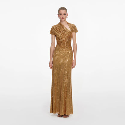 Gold Rhinestone Drape Maxi Dress