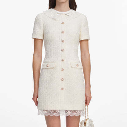 Cream Boucle Lace Trim Tailored Mini Dress