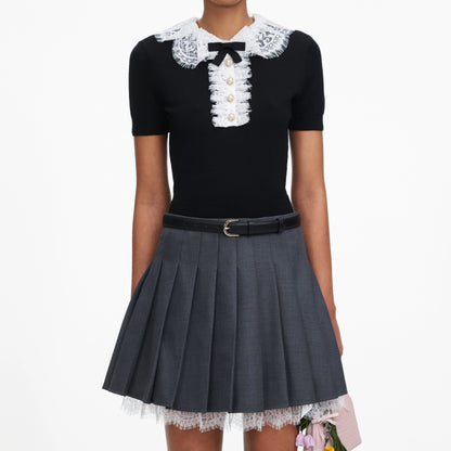 Black Knit Lace Collar Top