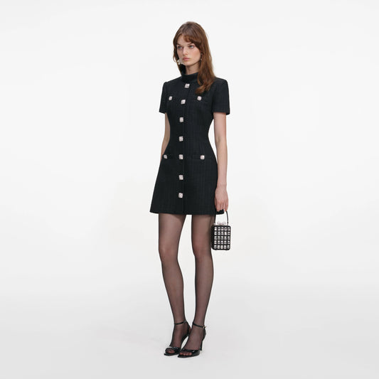 Black Boucle Collared Mini Dress
