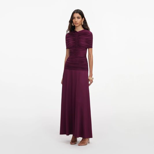 Burgundy Jersey Gathered Midi Dress
