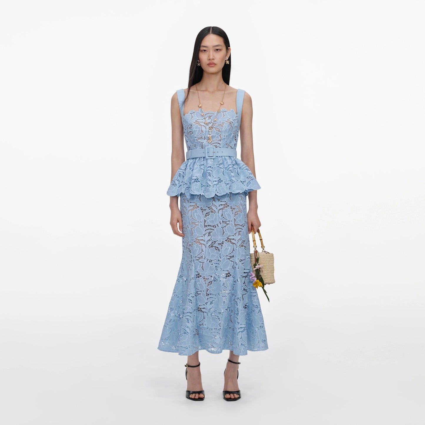 Blue Lace Peplum Midi Dress