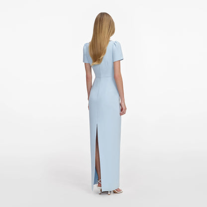 Blue Crepe Embellished Bow Maxi Dress