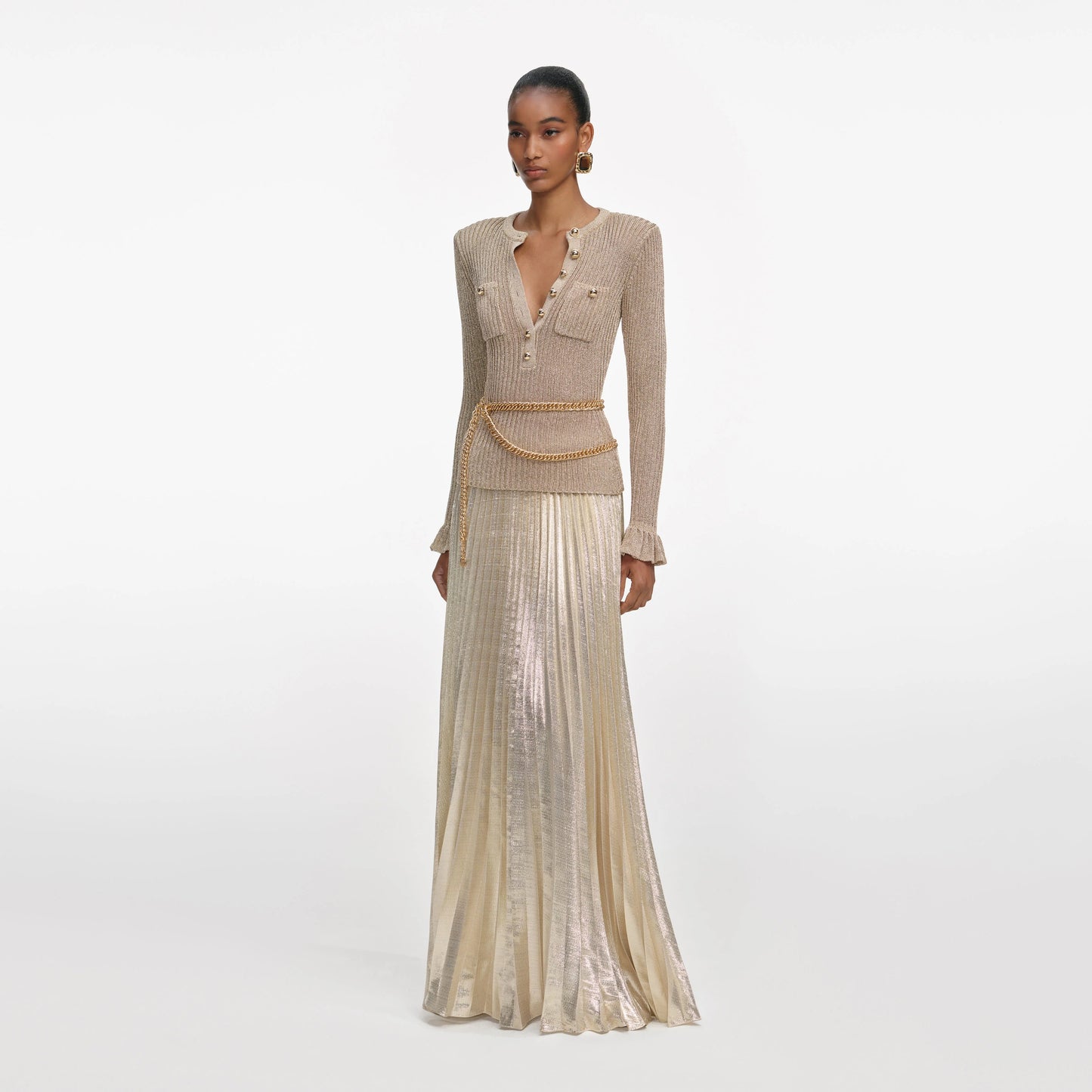 Gold Lurex Ribbed Knit Maxi Dress