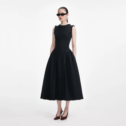 Black Boucle Sleeveless Midi Dress