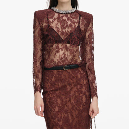 Brown Floral Lace Top