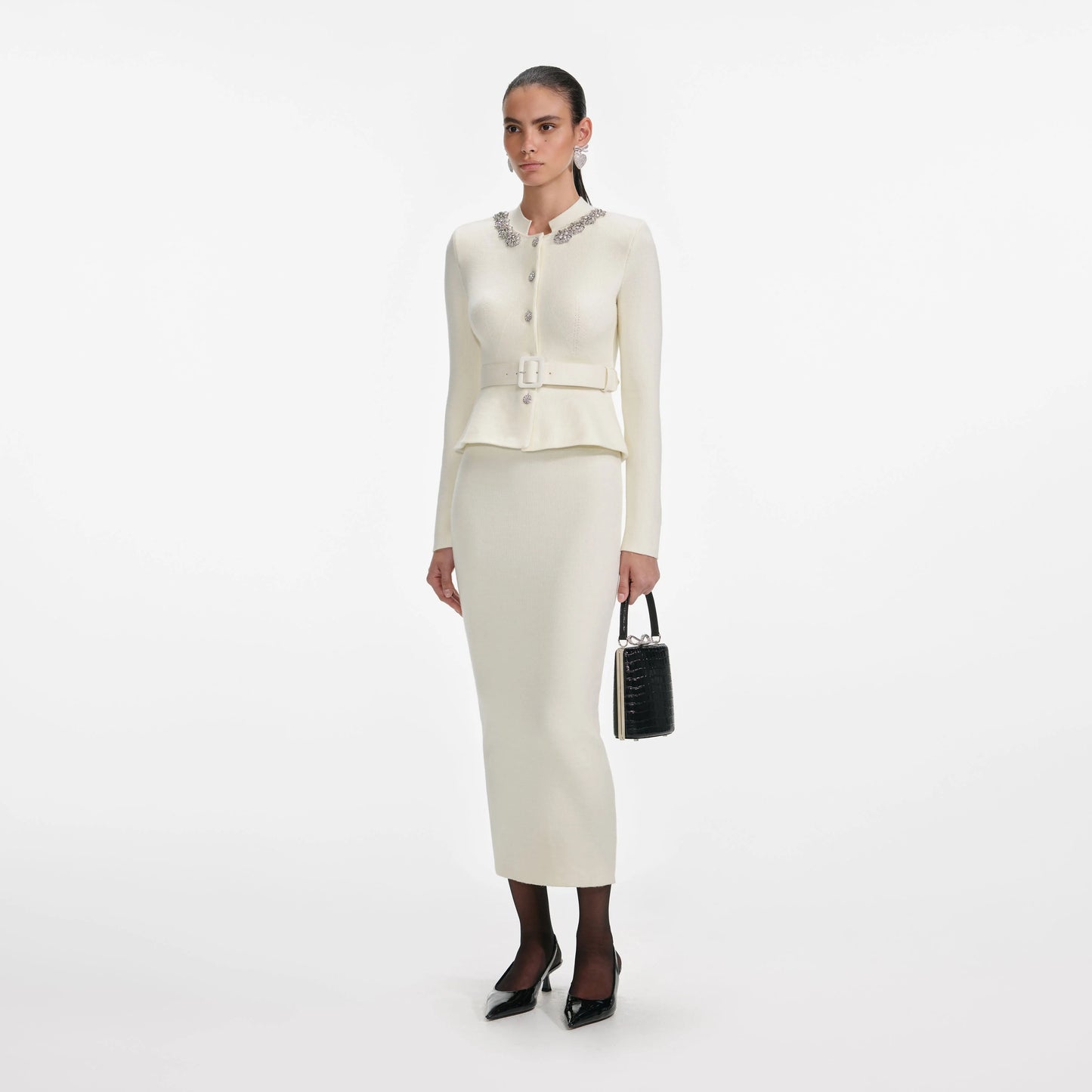 Cream Wool Peplum Knit Midi Dress
