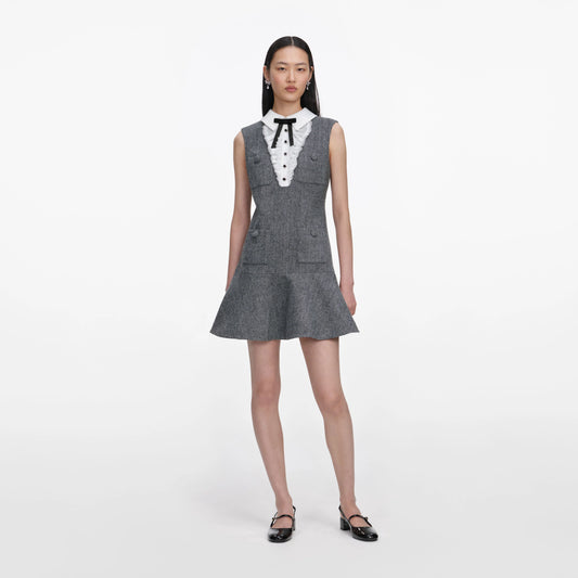 Grey Herringbone Lace Bib Mini Dress