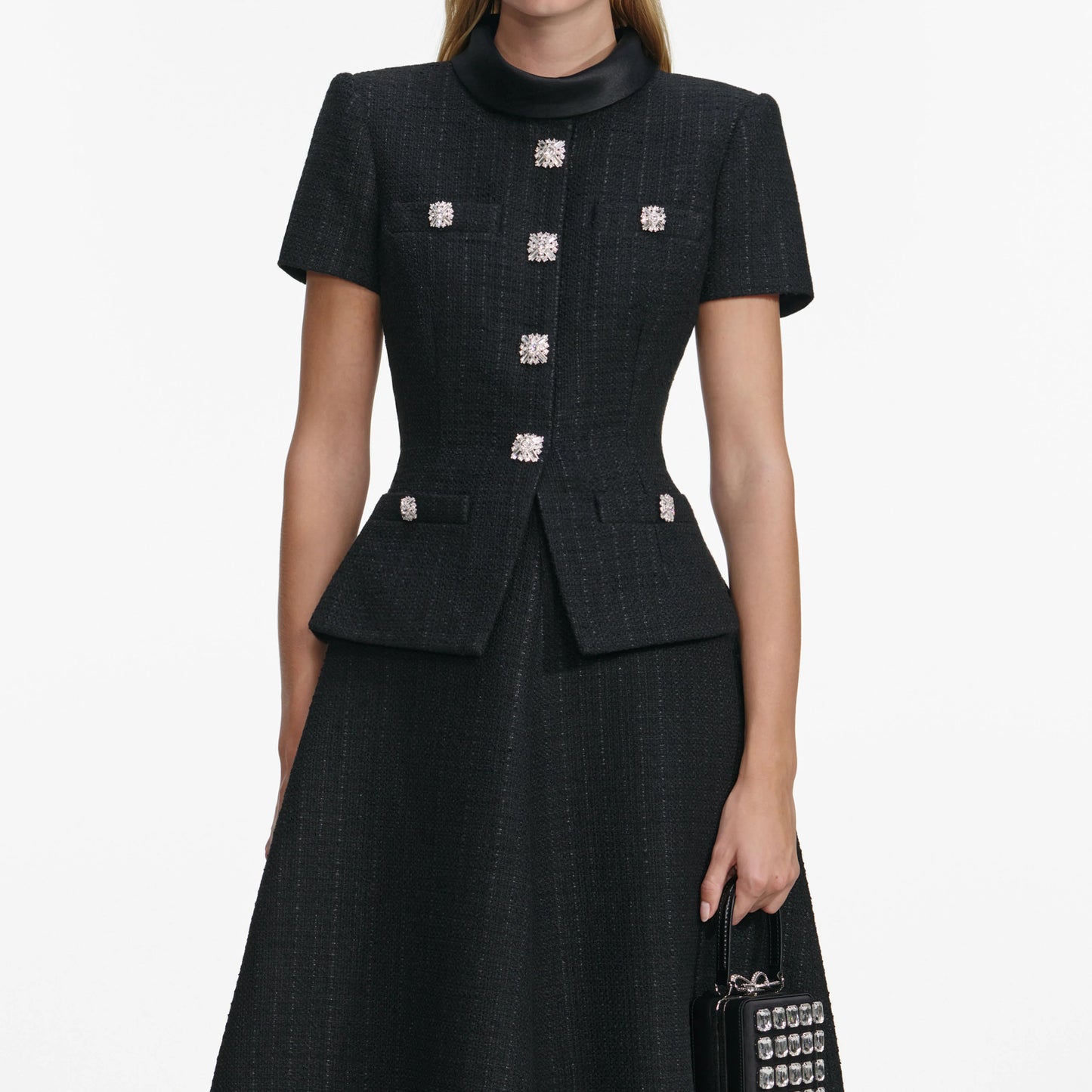 Black Boucle Collared Midi Dress
