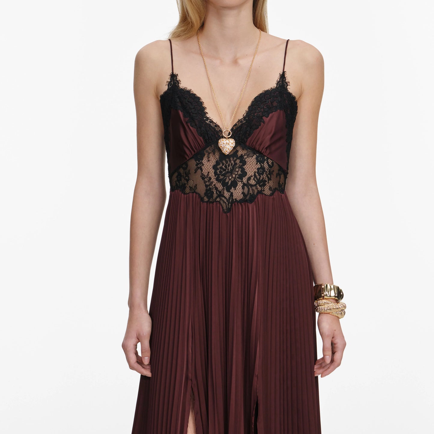 Brown Satin Lace Insert Maxi Dress