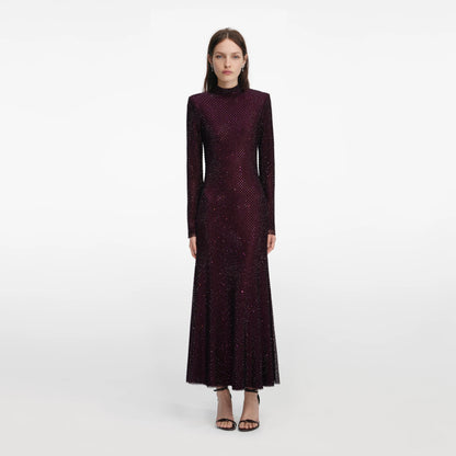 Burgundy Rhinestone Fishnet Midi Dress