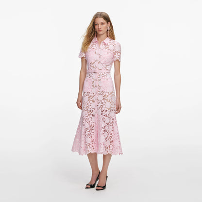 Pink Lace Collared Midi Dress