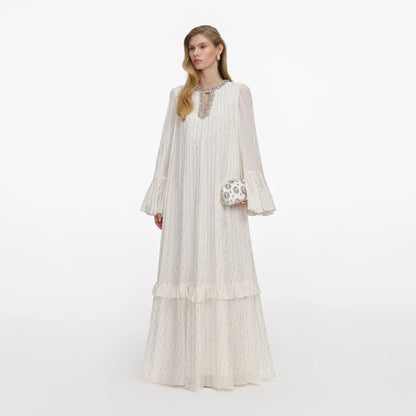 Cream And Gold Chiffon Maxi Dress