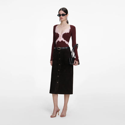 Brown Contrast Lace Knit Top