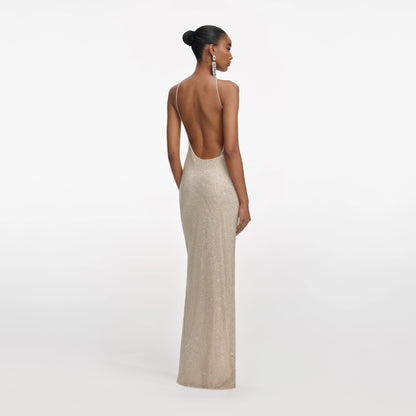 Champagne Rhinestone Lace Trim Maxi Dress