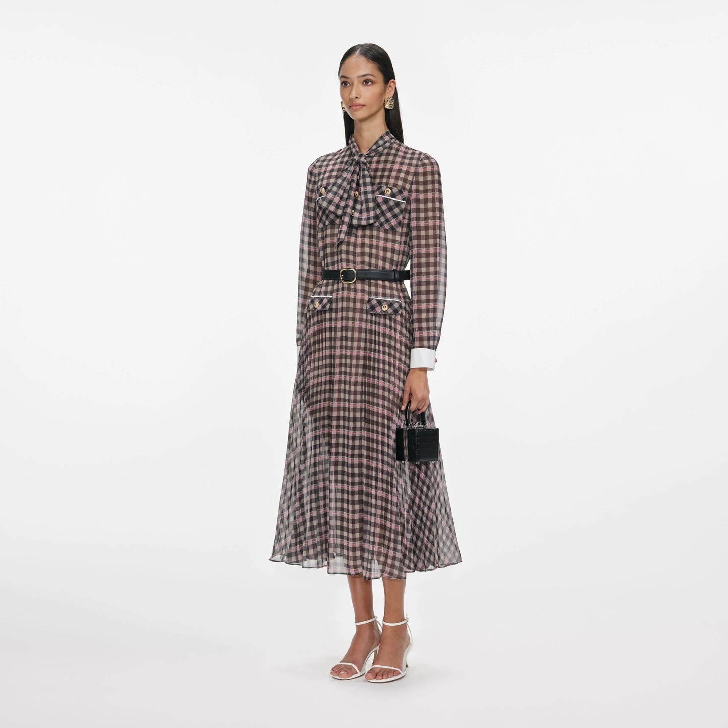Brown Check Chiffon Midi Dress
