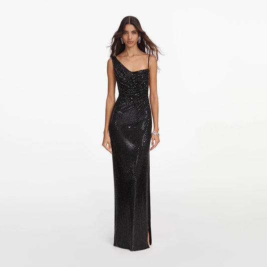 Black Rhinestone Draped Maxi Dress