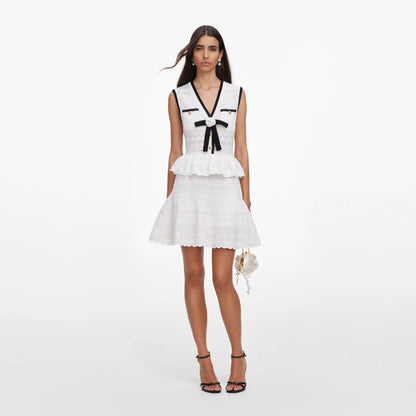 White Peplum Pointelle Knit Mini Dress