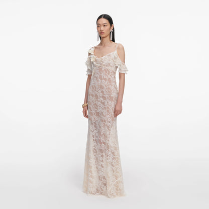 Cream Lace Flower Maxi Dress