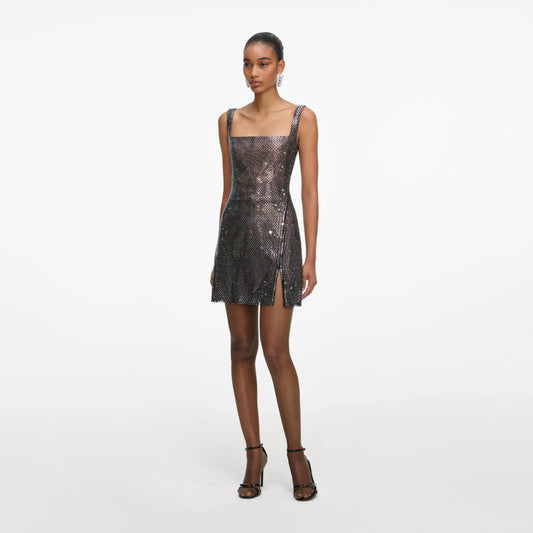 Gunmetal Rhinestone Mesh Mini Dress